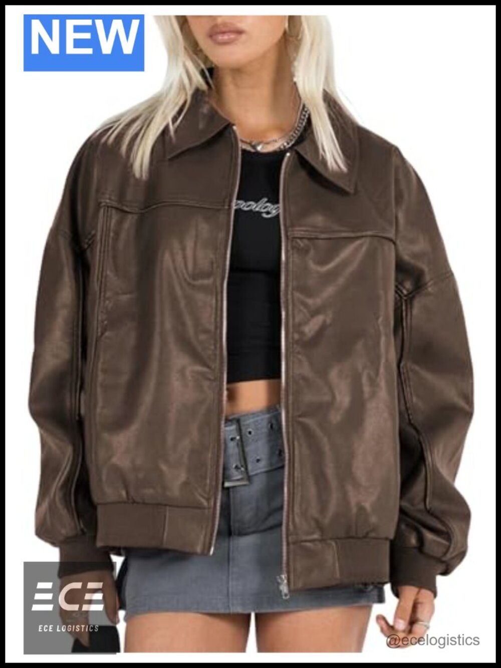 Faux Leather Oversized Bomber Moto Jacket Full Zip Women